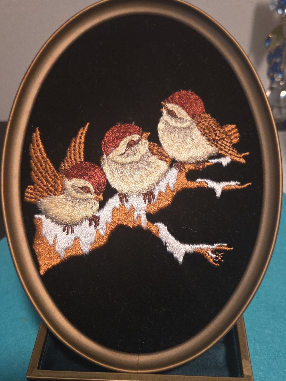 Embroidered Sparrow Trio Wall Art - Brown and Cream